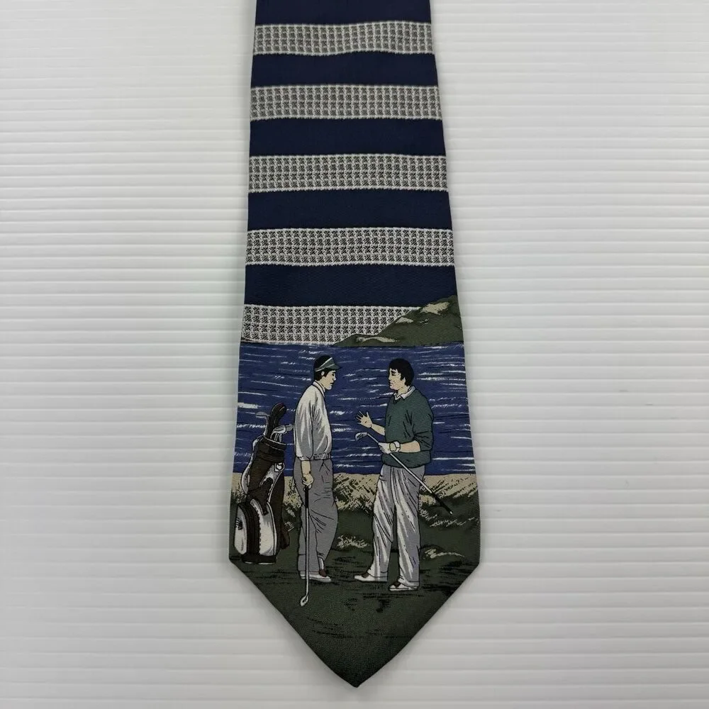 Pebble Beach Golf Tie Silk USA Blue Striped Scenic Golfer Novelty Necktie